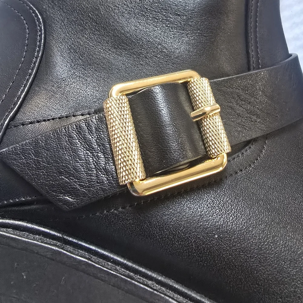 Stuart Weitzman NEW Black Combat Boots with Gold Buckle - Picture 9 of 14
